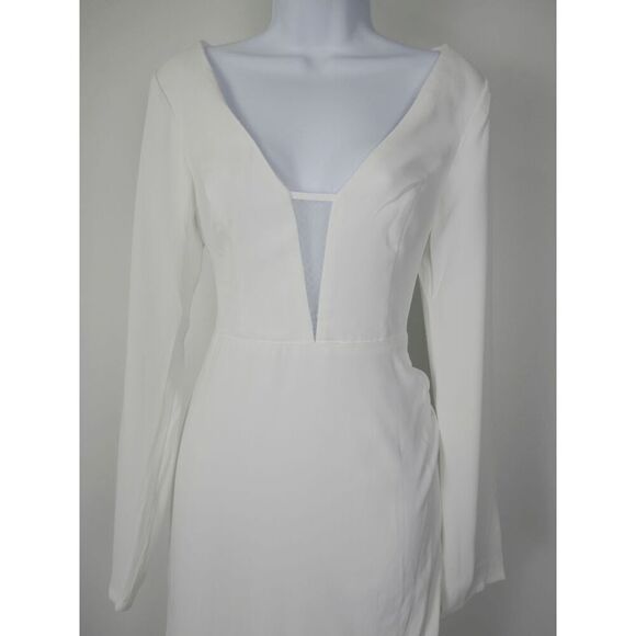 Lulu’s White Long Sleeve Maxi Dress | L | V-Neck | Mesh Insert | Formal Gown - Picture 2 of 13
